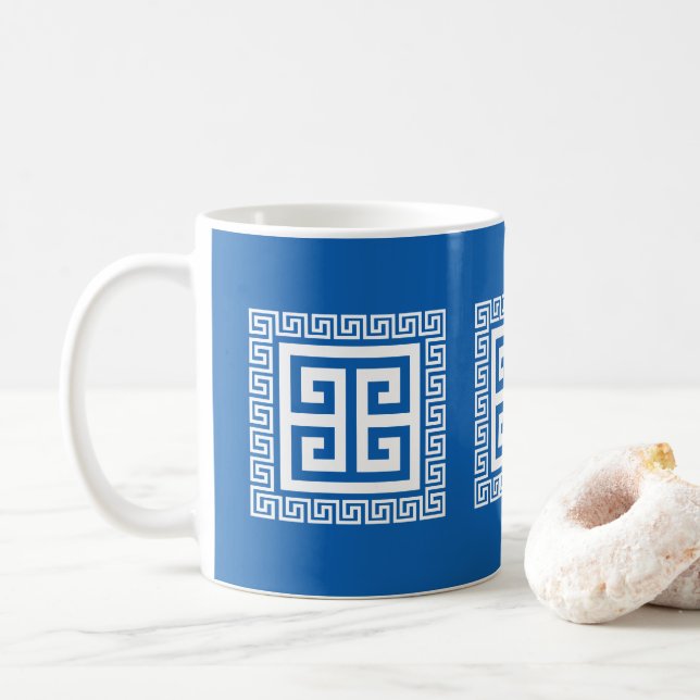 Taza De Café Diseño de diseño de clave griega blanco y azul (Con donut)