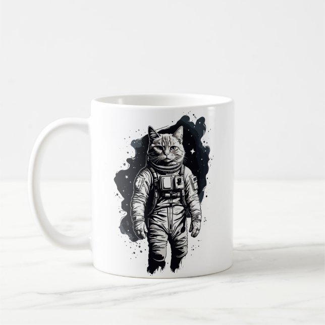 Taza De Café Diseño de gato para astronautas de tinta negra (Izquierda)