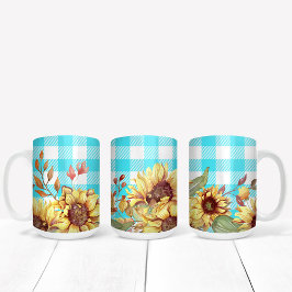 Taza De Café Diseño de girasoles y patrón de verificación azul
