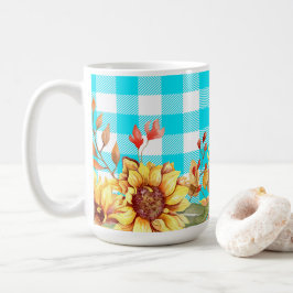 Taza De Café Diseño de girasoles y patrón de verificación azul