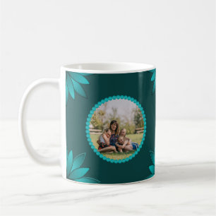 Taza De Café Diseño de Mandala de Hoja Verde Azulada en Cian Os