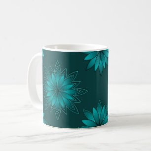Taza De Café Diseño de Mandala de Hoja Verde Azulada sobre Cian