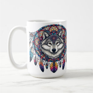 Taza De Café Diseño de Mandala de Lobo con Cazador de Sueños y