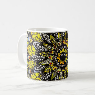 Taza De Café Diseño de mandala dibujado a mano en verde amarill