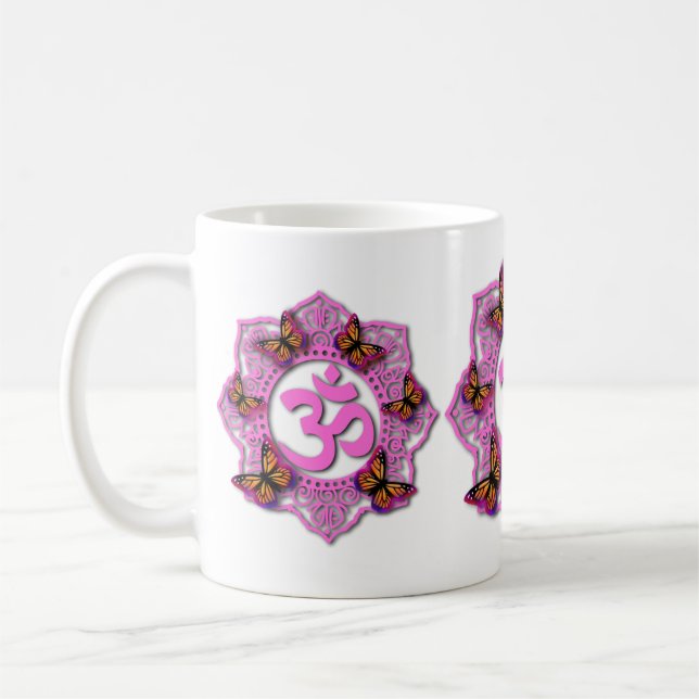 Taza De Café Diseño de Mandala rosa ohm con mariposas monarca (Izquierda)