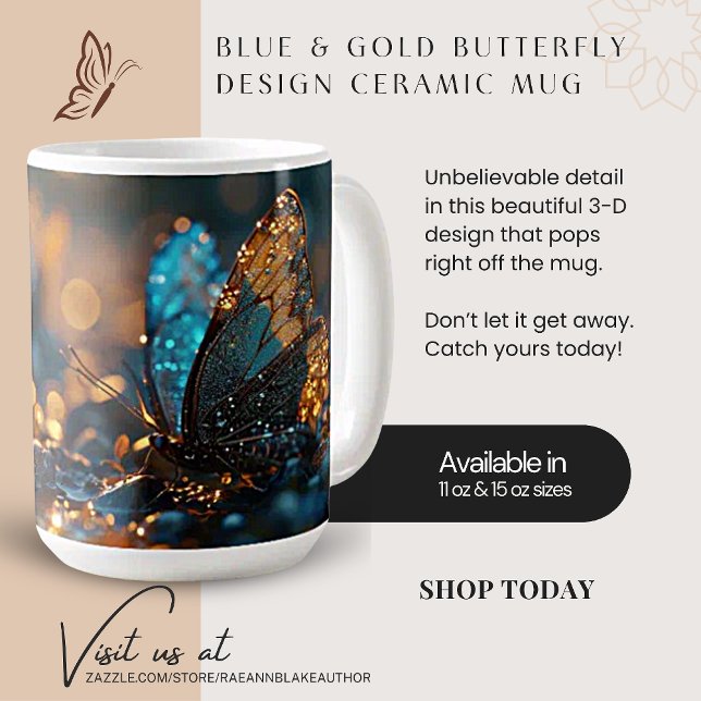 Taza De Café Diseño de mariposa azul y dorada Mug cerámica (Subido por el creador)