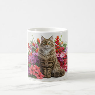 Taza De Café Diseño de Mug Tropical De Gato Floral De Cerámica.