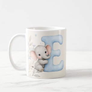 Taza De Café Diseño de nombre de elefante bebé con letra E pers