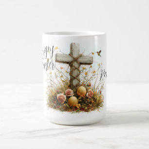 Taza De Café Diseño de Pascua con Cruz Rústica y Flores