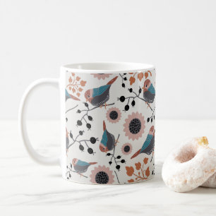Taza De Café Diseño De Patrones De Aves Y Flores De Berry
