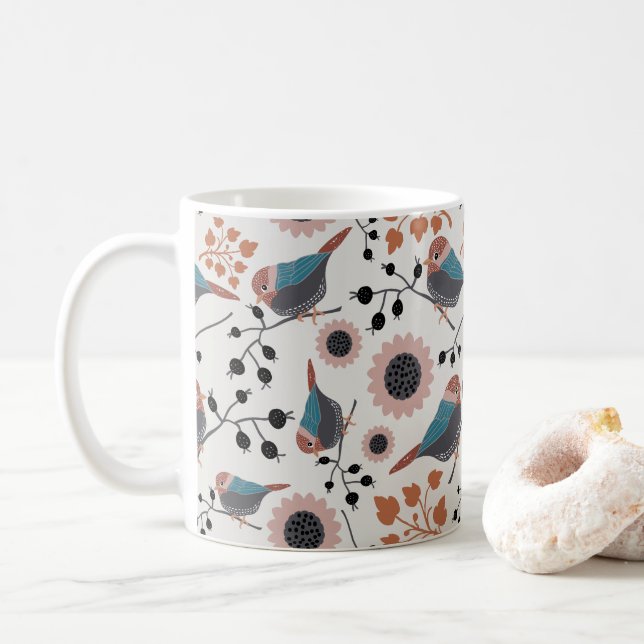 Taza De Café Diseño De Patrones De Aves Y Flores De Berry (Con donut)
