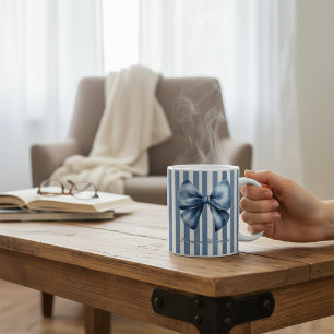 Taza De Café Diseño de raya de acuarela con lazo azul