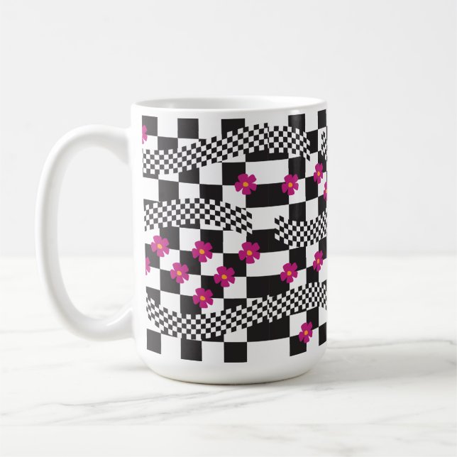 Taza De Café Diseño de tablero de ajedrez retro con flores (Izquierda)