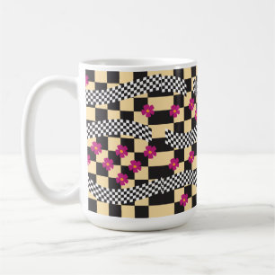 Taza De Café Diseño de tablero de ajedrez retro con flores