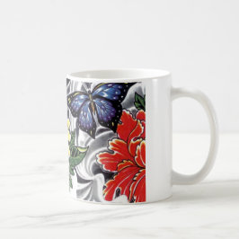 Taza De Café Diseño de tatuaje de peonía amarilla y mariposa