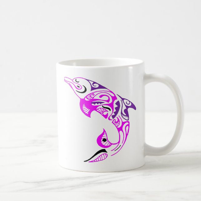 Taza De Café Diseño de tatuajes para delfines tribales morados  (Derecha)