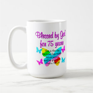 TAZA DE CAFÉ DISEÑO DEL CUMPLEAÑOS 75 DE LA MARIPOSA BENDECIDA