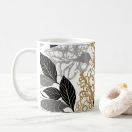 Taza De Café Diseño elegante de vinos de oro, negro y hoja gris