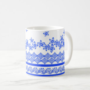 Taza De Café diseño floral azul y blanco,
