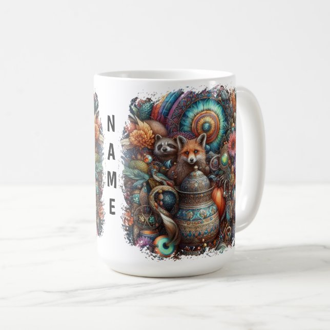Taza De Café Diseño floral de Boho Fox Raccoon (Anverso derecho)