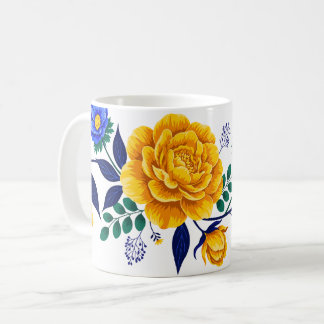 Taza De Café Diseño Floral Elegante con Flores Doradas y Azules