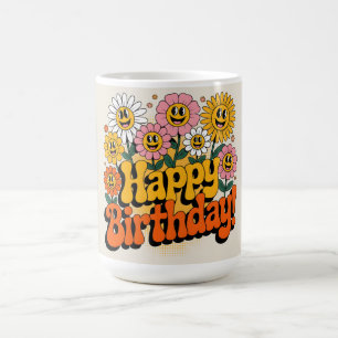 Taza De Café Diseño Floral Retro Groovy Feliz Cumpleaños