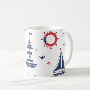Taza De Café Diseño náutico azul, blanco y rojo