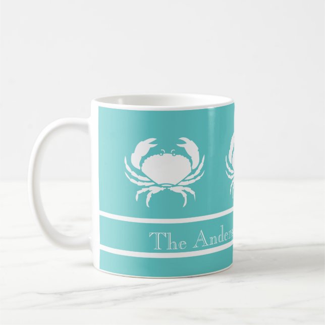Taza De Café Diseño náutico con cangrejo blanco sobre azul Verd (Izquierda)