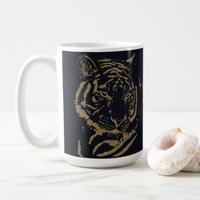 Taza De Café Diseño negro del tigre de oro (Con donut)