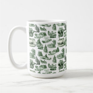 Taza De Café Diseño Verde de Toile con Tema de Pueblo Navideño