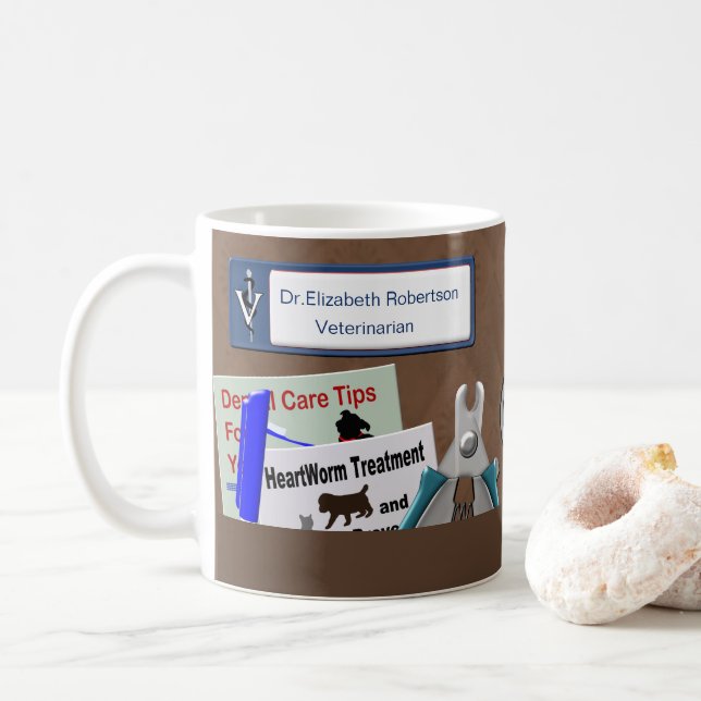 Taza De Café Diseño Veterinario Personalizado En Café Marrón (Con donut)