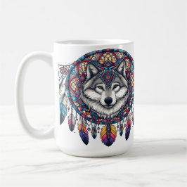 Taza De Café Diseño Wolf Mandala con Dreamcatcher y Feathers