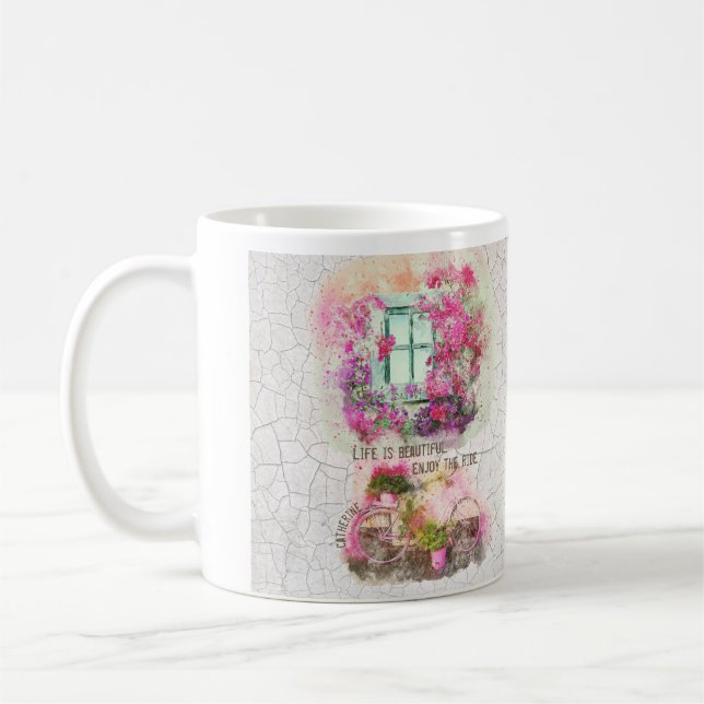 Taza De Café Disfruta Del Paseo | Bicicleta acuarela con flores (Izquierda)