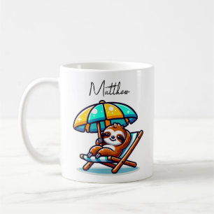 Taza De Café Divertida Con Perezoso En La Playa