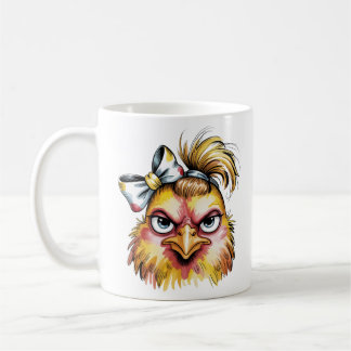 Taza de café divertida con pollo gruñón y lazo Sas