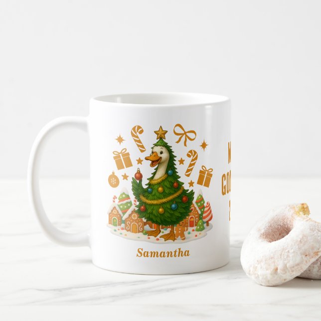 Taza De Café Divertido árbol de navidad de oca | Día festivo (Con donut)