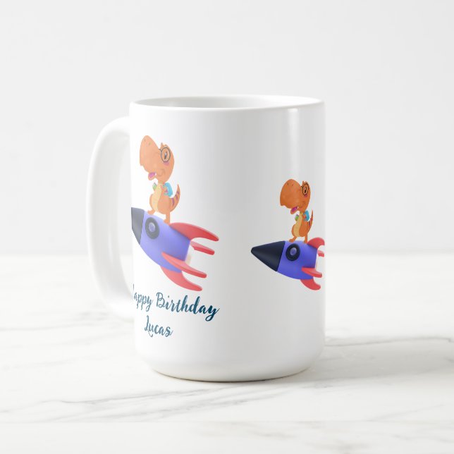Taza De Café Divertido dinosaurio colorido cohete Escuela fiest (Anverso izquierdo)