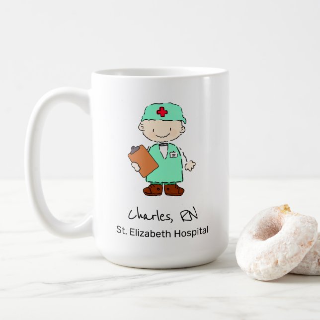 Taza De Café Divertido Médica de Enfermeras Ilustracion Persona (Con donut)