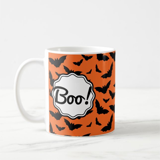 Taza De Café ¡Divertido Naranja de Halloween Black Bat Boo! (Izquierda)
