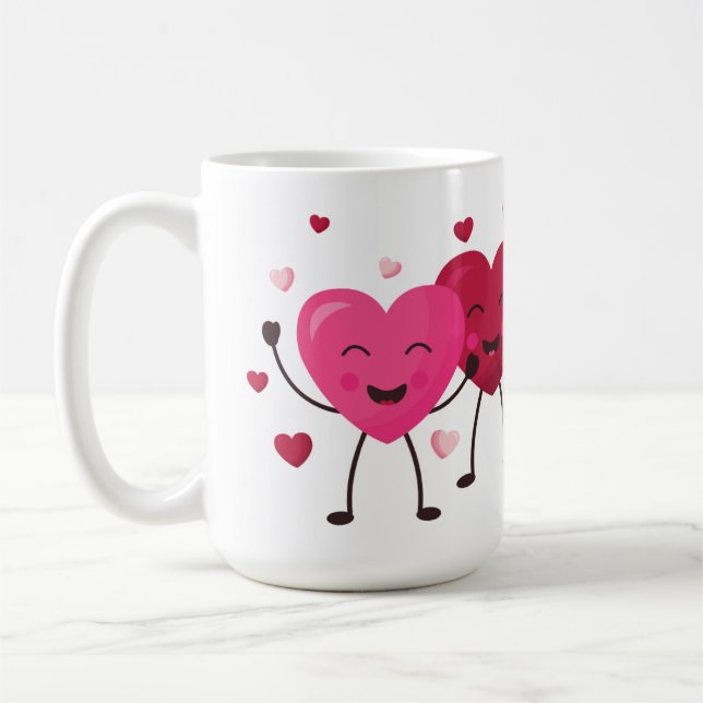 Taza De Café Divertidos corazones felices rosados y rojos (Izquierda)