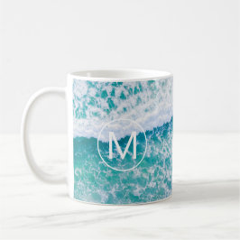 Taza De Café DIY White Monogram in Circle, Beach Waves