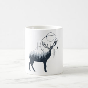 Taza De Café Doble exposición de bosque de ciervos geométricos