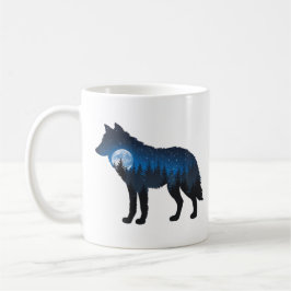 Taza De Café Doble exposición Wolf Silhouette Moonlit y Starry