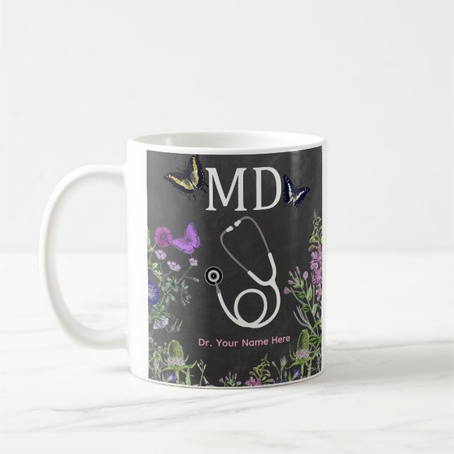Taza De Café Doctor MD Stethoscope Floral Personalized (Izquierda)