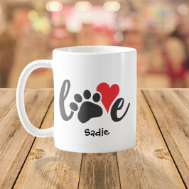 Taza De Café Dog Love Mascota Paw Print y Heart Custom Name