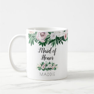 Taza De Café doncella de honor blanca y floral