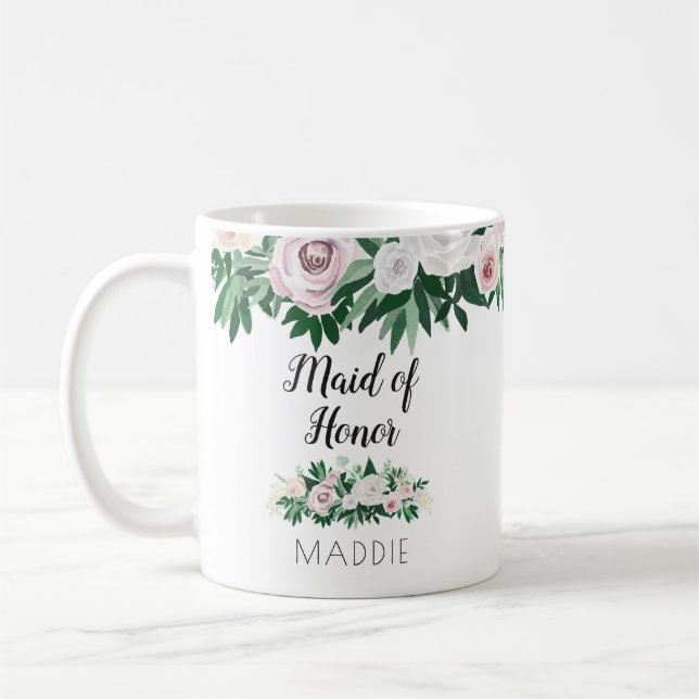 Taza De Café doncella de honor blanca y floral (Izquierda)