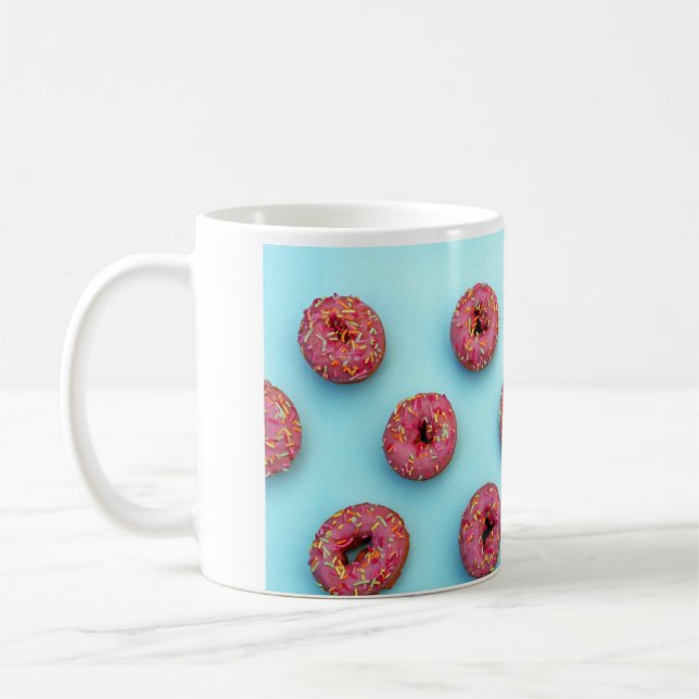 Taza De Café donuts rocian sobre rosquilla azul rosado brillant (Izquierda)