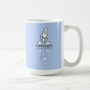 Taza De Café Doodle de cohete azul lindo con nombre personaliza