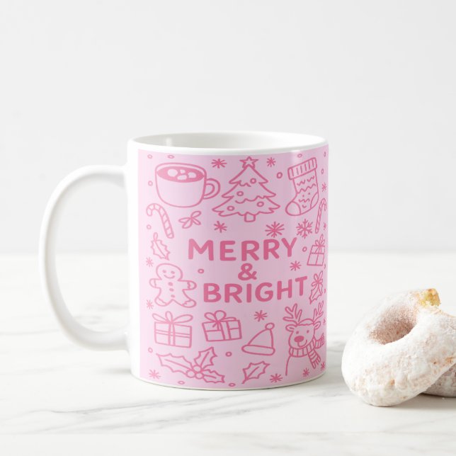 Taza De Café Doodle de Navidades rosados | Alegría de fiesta (Con donut)